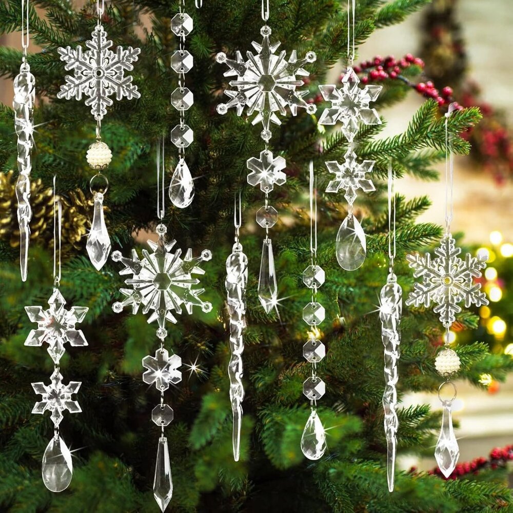 18pcs Crystal Christmas Ornaments for Tree DecorationsHanging Acrylic Snowflake